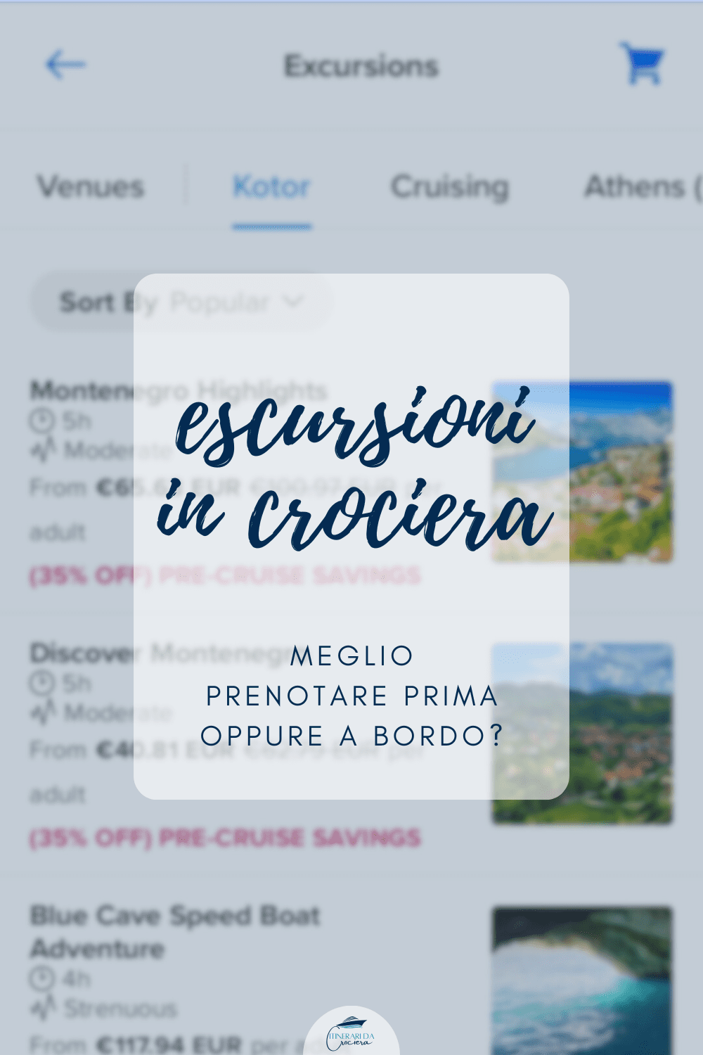 Schermata dell’app Royal Caribbean con escursioni in crociera scontate prima della partenza